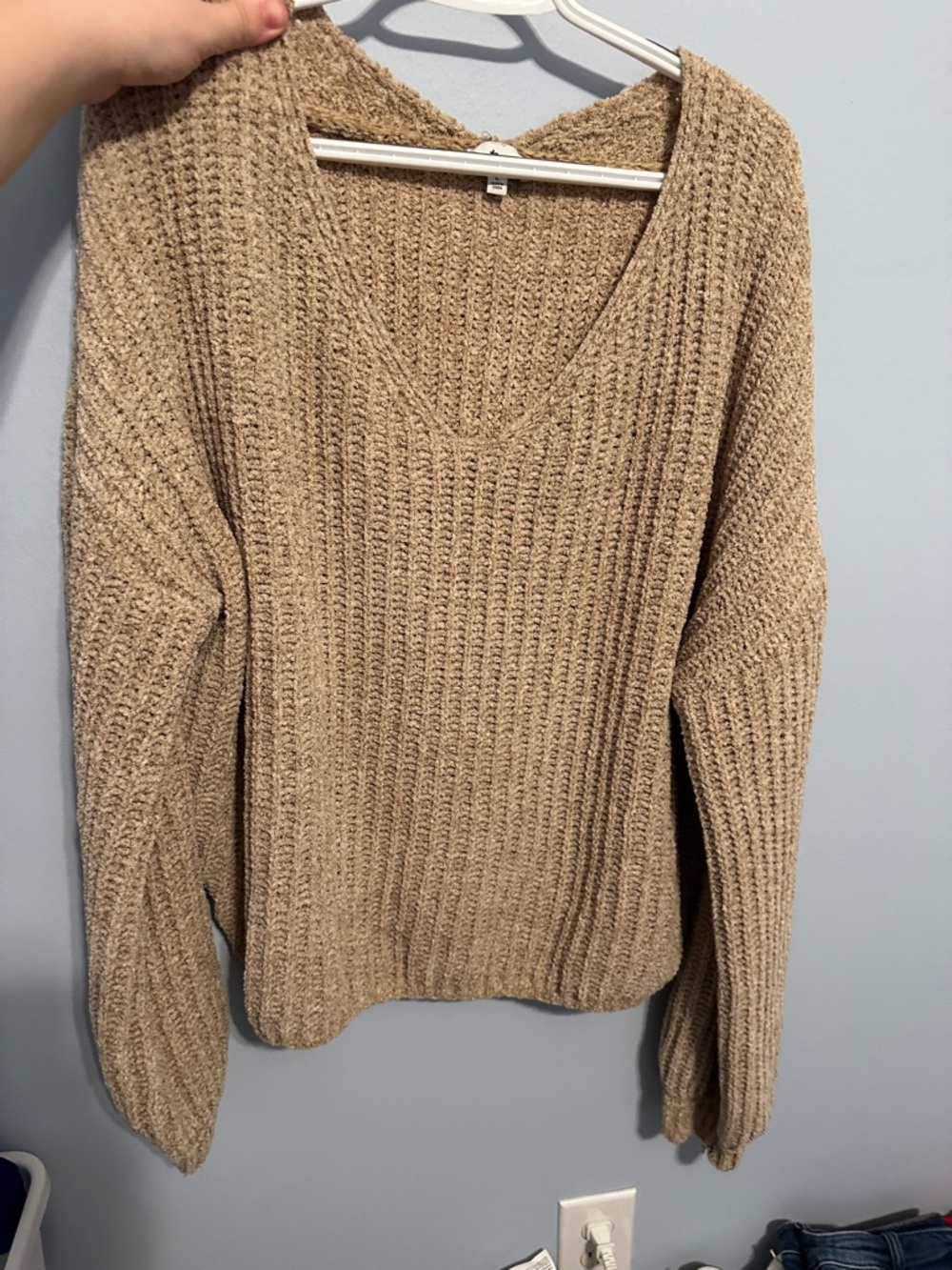 True Craft Ribbed V-Neck Sweater in Tan